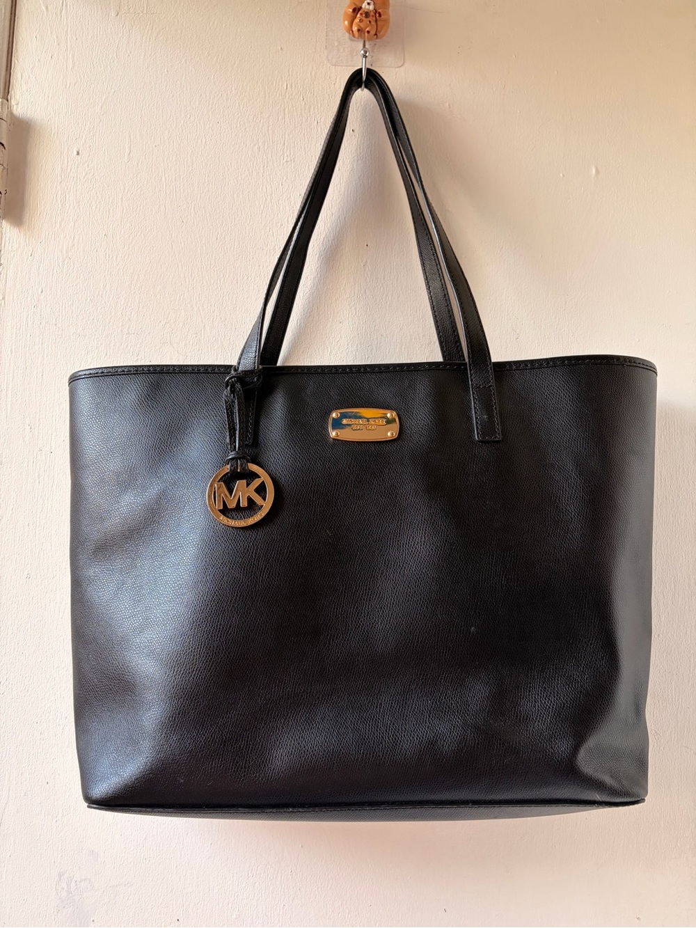 Michael Kors Black Leather Tote Shoulder Bag with Gold Hardware